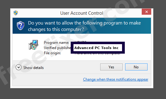 Screenshot where Advanced PC Tools Inc appears as the verified publisher in the UAC dialog
